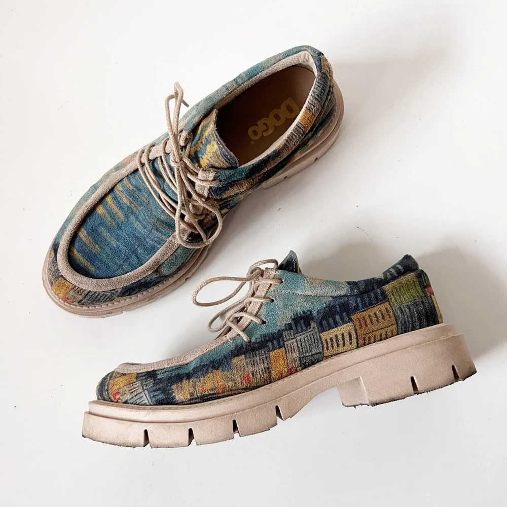 Vintage Chunky Avant Garde Artsy Tapestry Lace Up Platform Shoes Women's Size 39